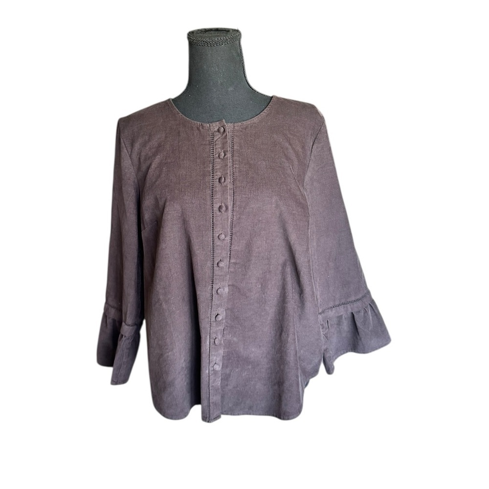 J.Jill Corduroy Button Front Top Brown 100% Cotton Ruffle Sleeve Womens MP